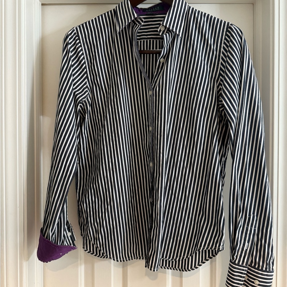 Ralph Lauren black pinstripe button up Purple cuff Medium shirt